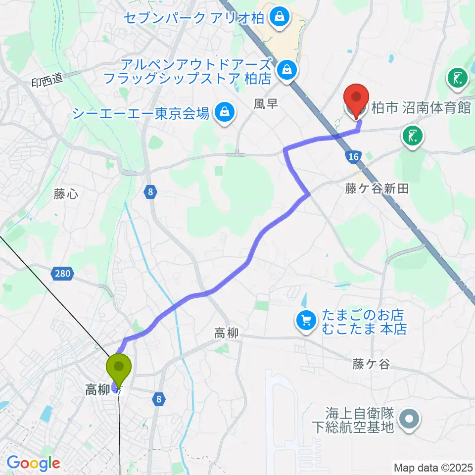 柏市沼南体育館の最寄駅高柳駅からの徒歩ルート（約47分）地図