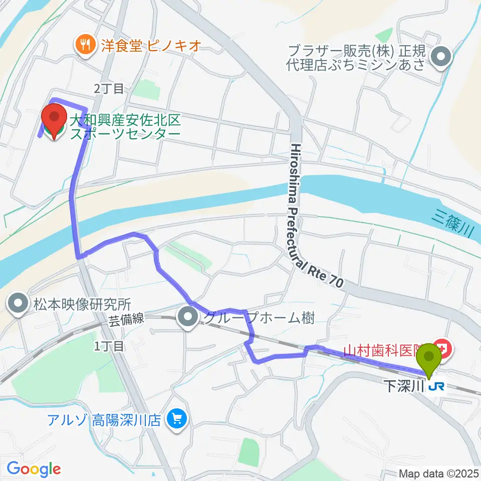 大和興産安佐北区スポーツセンターの最寄駅下深川駅からの徒歩ルート（約15分）地図