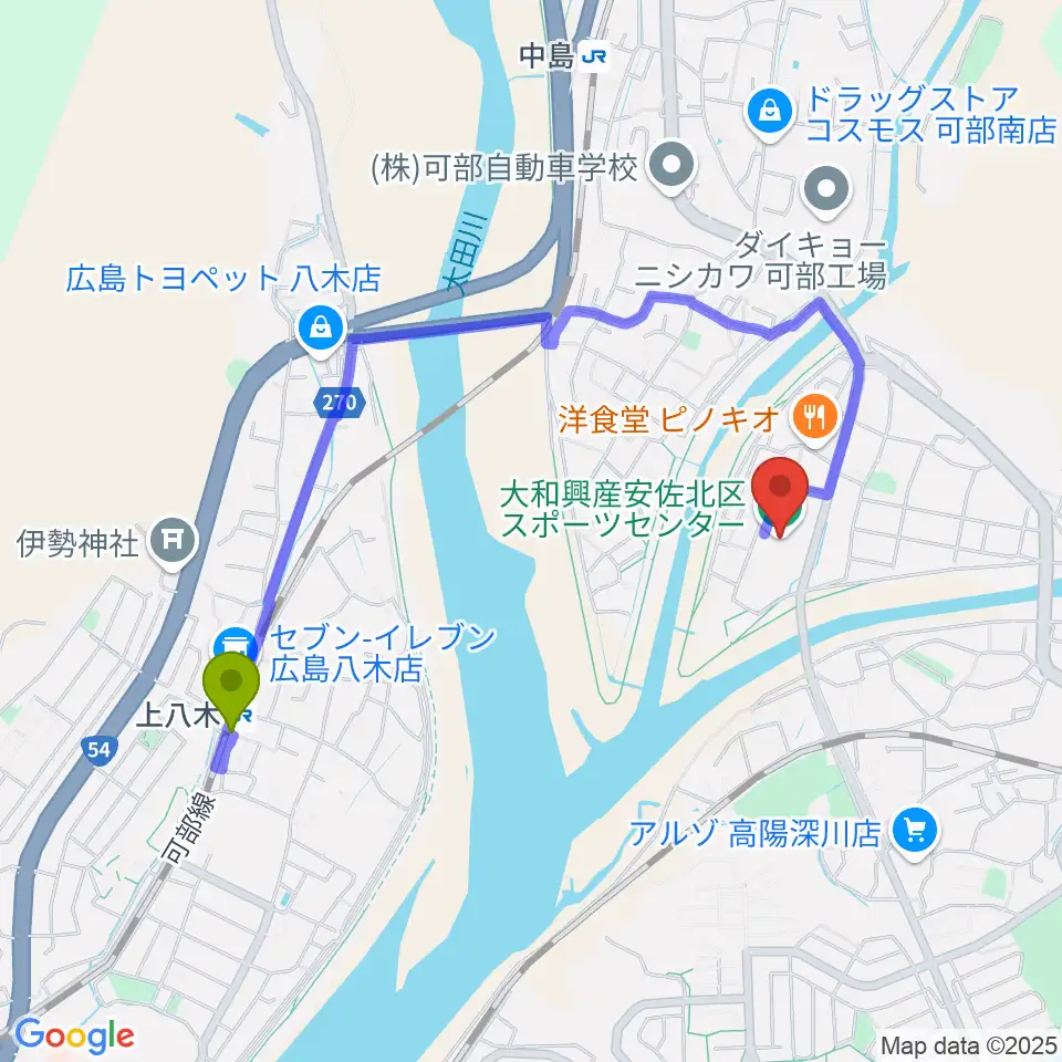 上八木駅から大和興産安佐北区スポーツセンターへのルートマップ地図