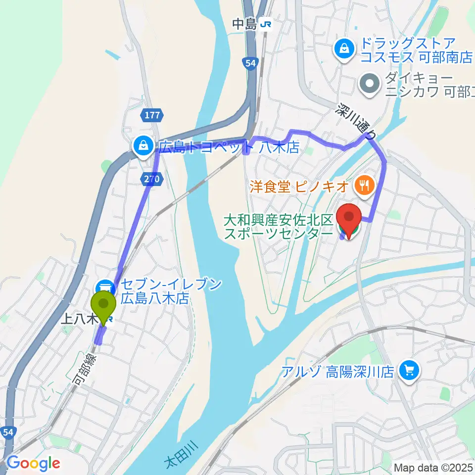 上八木駅から大和興産安佐北区スポーツセンターへのルートマップ地図