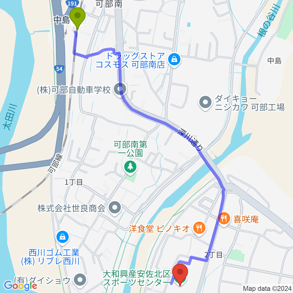 中島駅から大和興産安佐北区スポーツセンターへのルートマップ地図