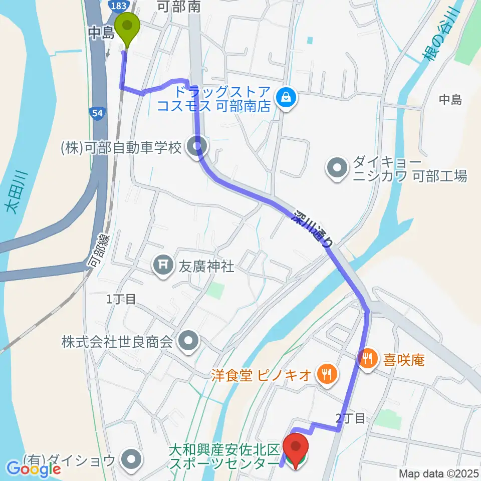 中島駅から大和興産安佐北区スポーツセンターへのルートマップ地図