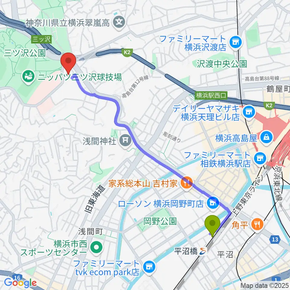 平沼橋駅から横浜市平沼記念体育館へのルートマップ地図