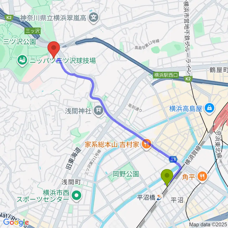 平沼橋駅から横浜市平沼記念体育館へのルートマップ地図