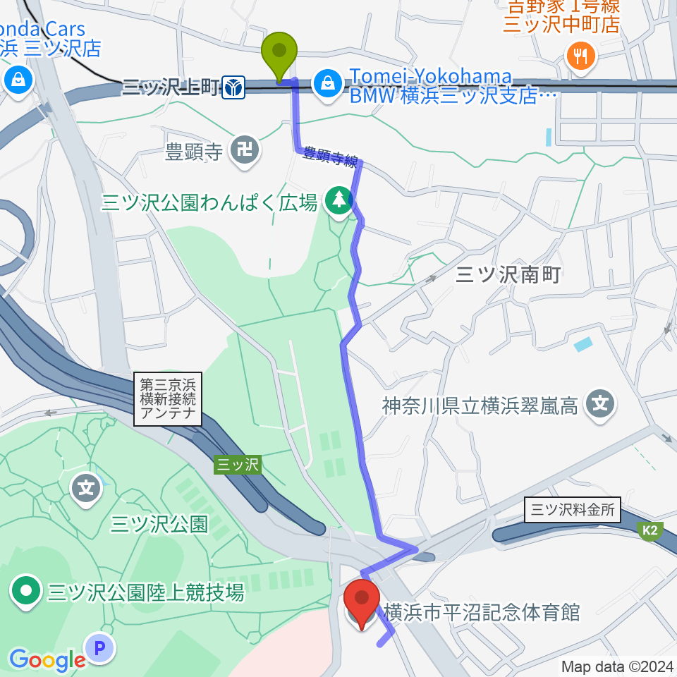 横浜市平沼記念体育館の最寄駅三ツ沢上町駅からの徒歩ルート（約13分）地図