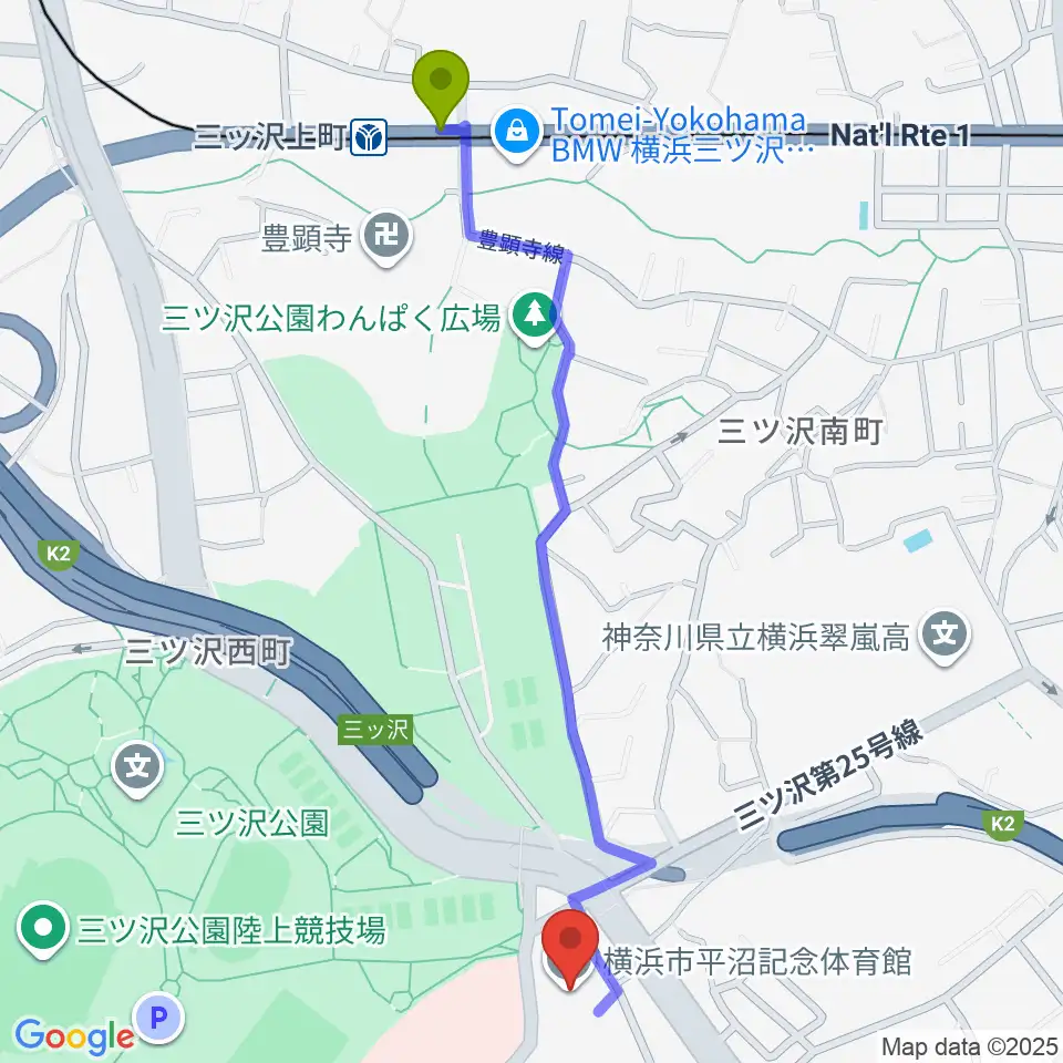 横浜市平沼記念体育館の最寄駅三ツ沢上町駅からの徒歩ルート（約13分）地図
