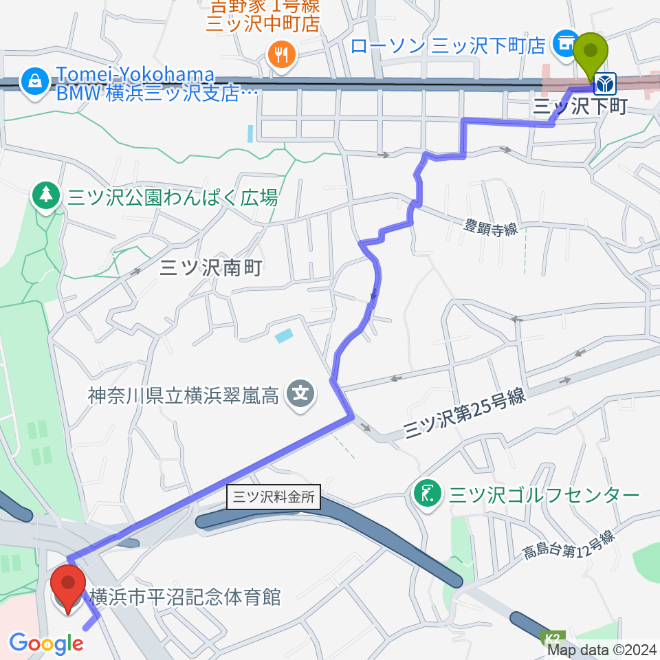 三ツ沢下町駅から横浜市平沼記念体育館へのルートマップ地図