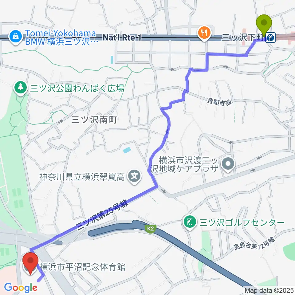 三ツ沢下町駅から横浜市平沼記念体育館へのルートマップ地図