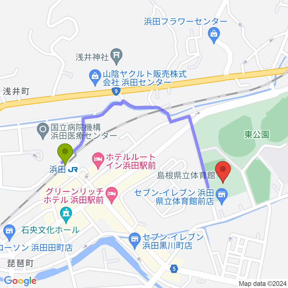 島根県立体育館の最寄駅浜田駅からの徒歩ルート（約9分）地図