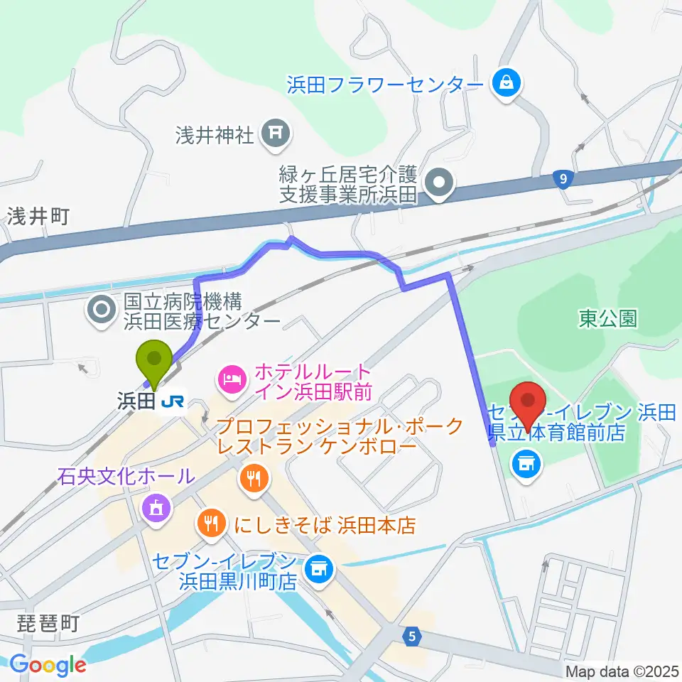 島根県立体育館の最寄駅浜田駅からの徒歩ルート（約9分）地図