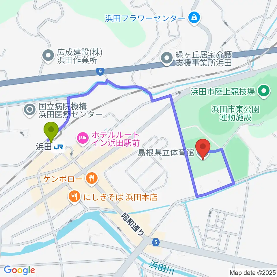 島根県立体育館の最寄駅浜田駅からの徒歩ルート（約9分）地図