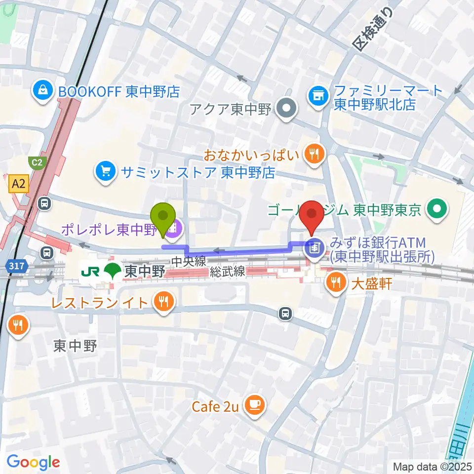 ヴァイオリン工房レゾネイトの最寄駅東中野駅からの徒歩ルート（約2分）地図