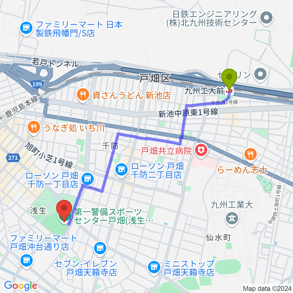 九州工大前駅から第一警備スポーツセンター戸畑へのルートマップ地図