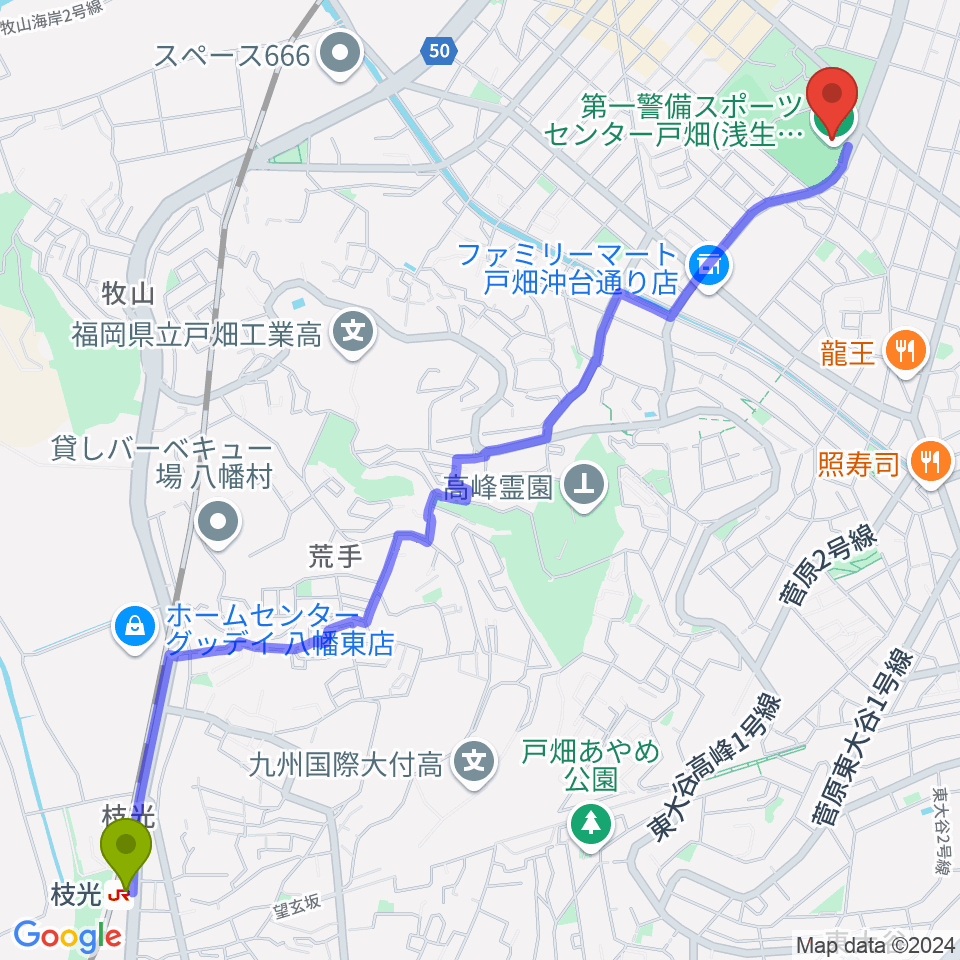 枝光駅から第一警備スポーツセンター戸畑へのルートマップ地図