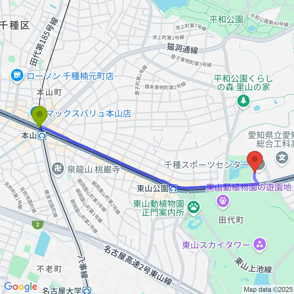本山駅から名古屋市千種スポーツセンターへのルートマップ地図