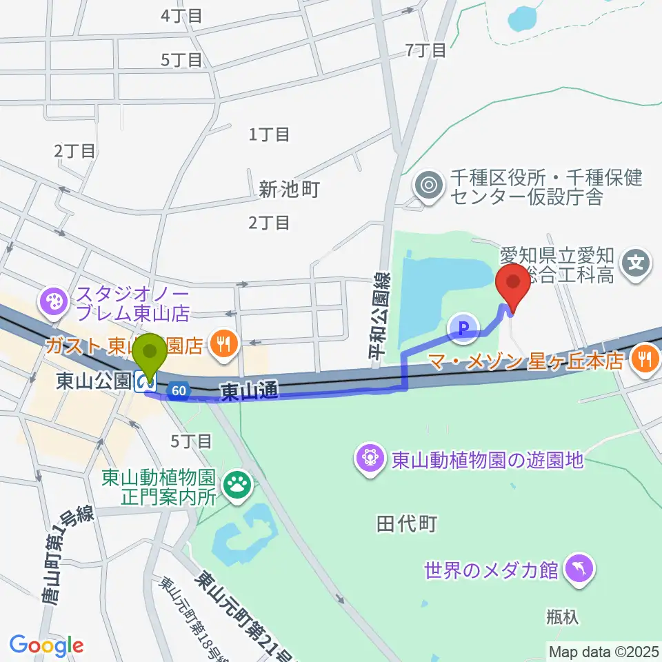 名古屋市千種スポーツセンターの最寄駅東山公園駅からの徒歩ルート（約9分）地図