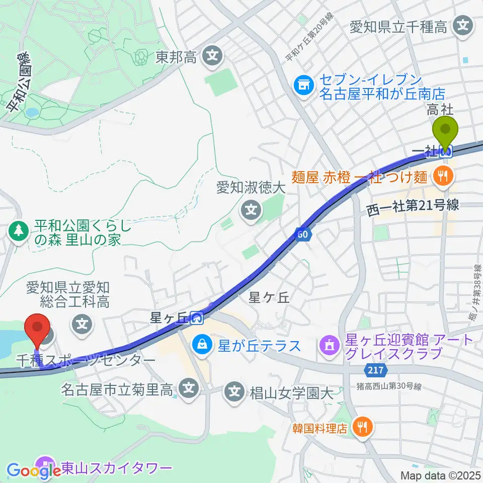 一社駅から名古屋市千種スポーツセンターへのルートマップ地図