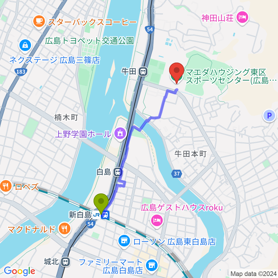 新白島駅からマエダハウジング東区スポーツセンターへのルートマップ地図