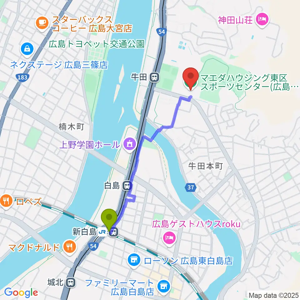 新白島駅からマエダハウジング東区スポーツセンターへのルートマップ地図