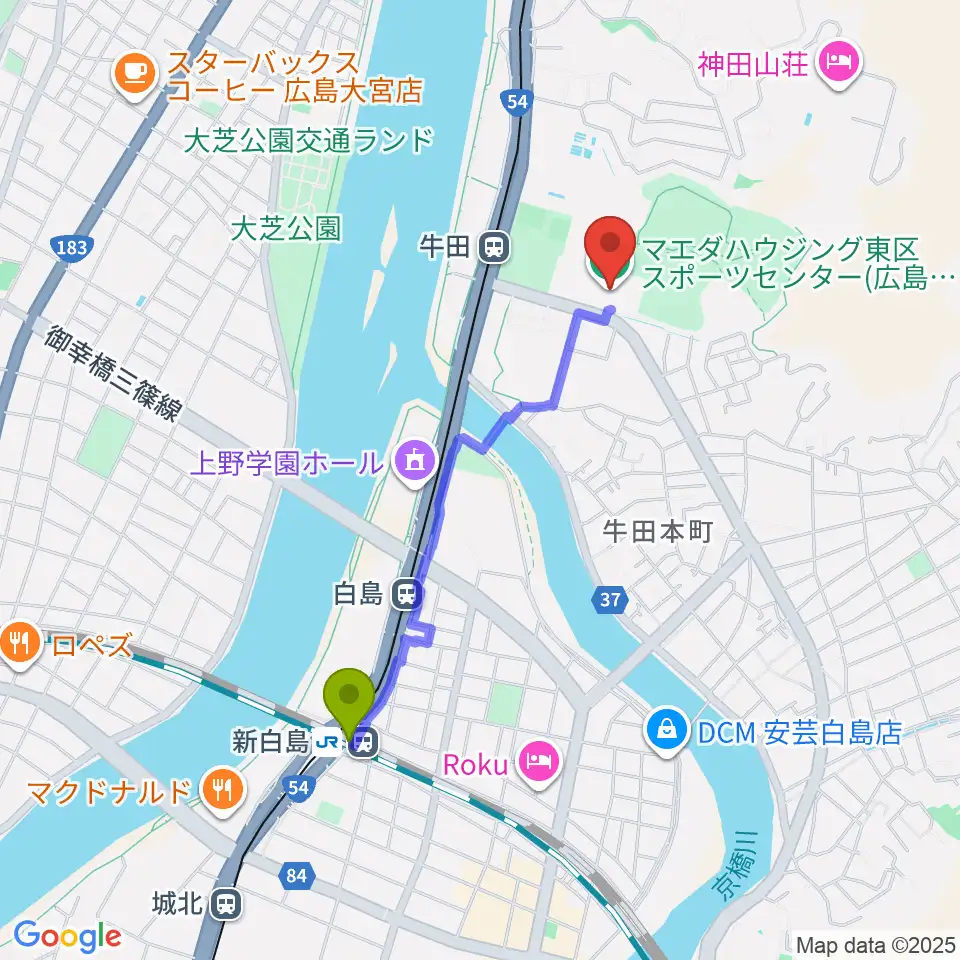 新白島駅からマエダハウジング東区スポーツセンターへのルートマップ地図