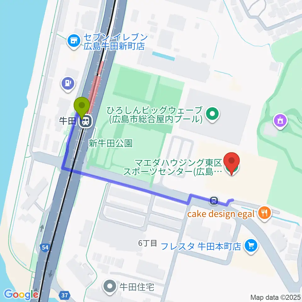 マエダハウジング東区スポーツセンターの最寄駅牛田駅からの徒歩ルート（約4分）地図