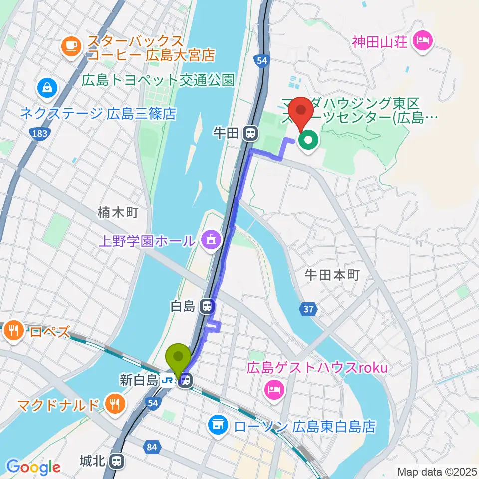 新白島駅からひろしんビッグウェーブへのルートマップ地図