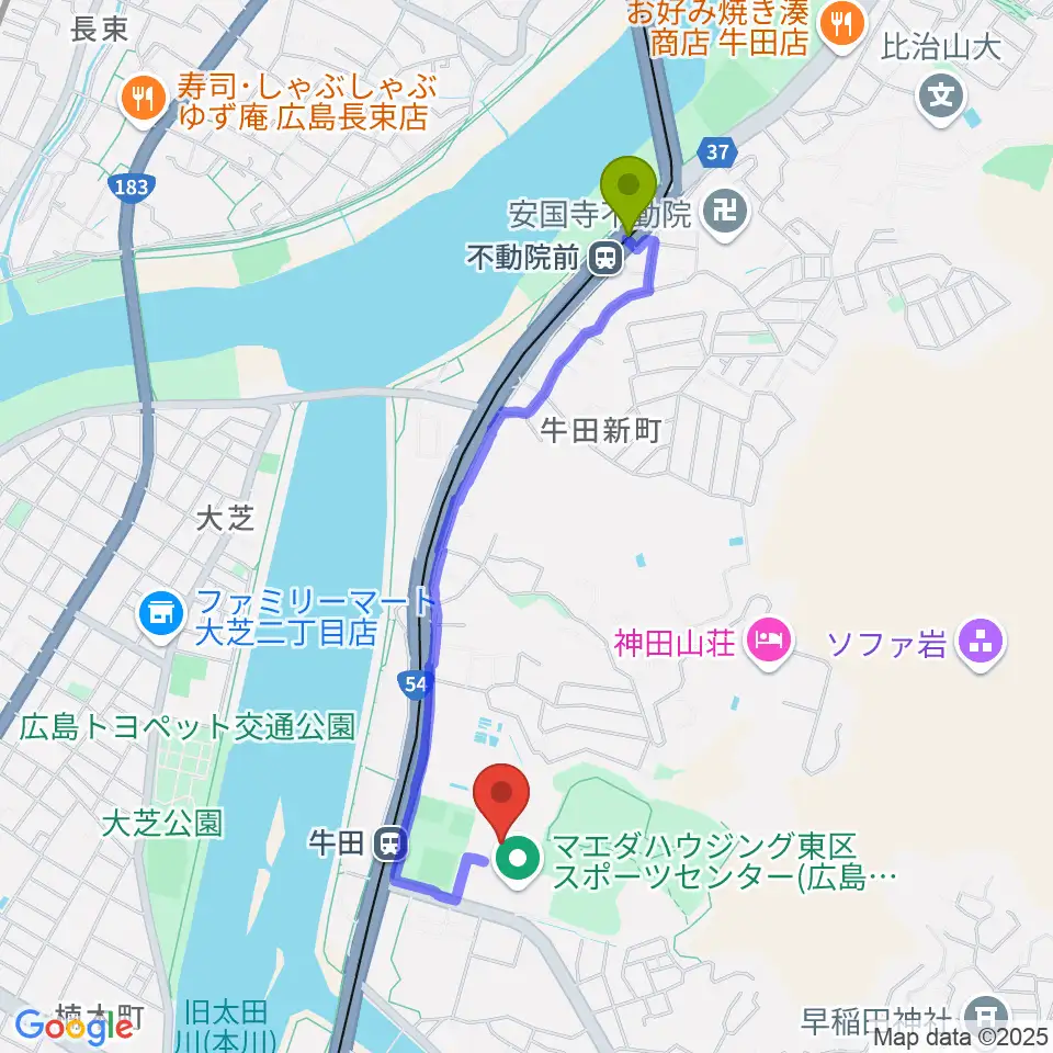 不動院前駅からひろしんビッグウェーブへのルートマップ地図