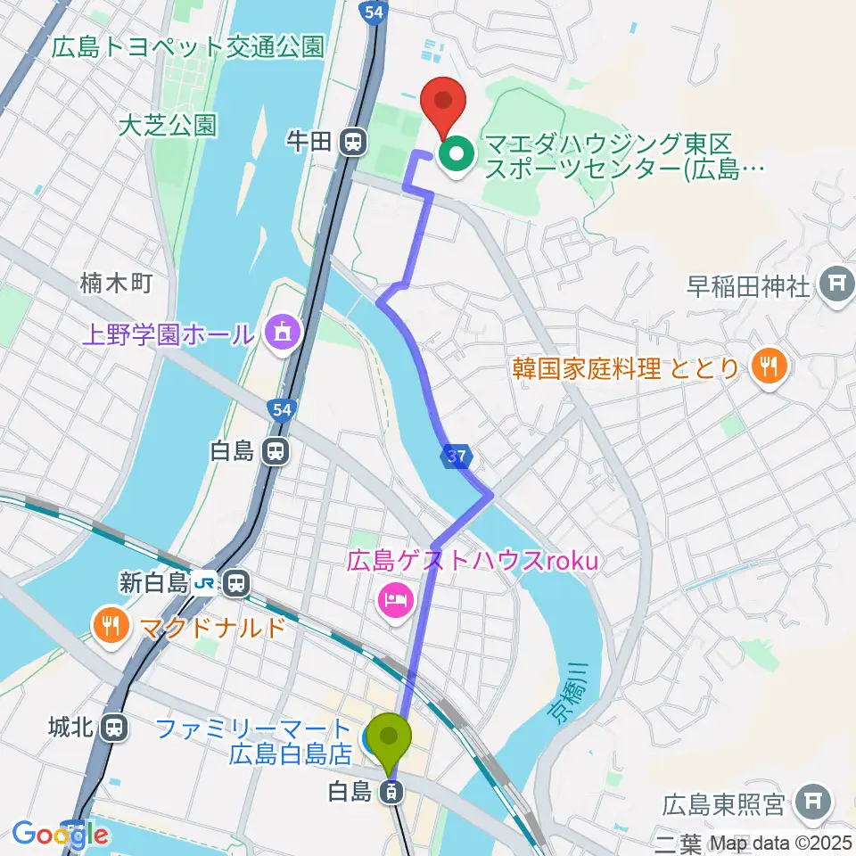 白島駅からひろしんビッグウェーブへのルートマップ地図