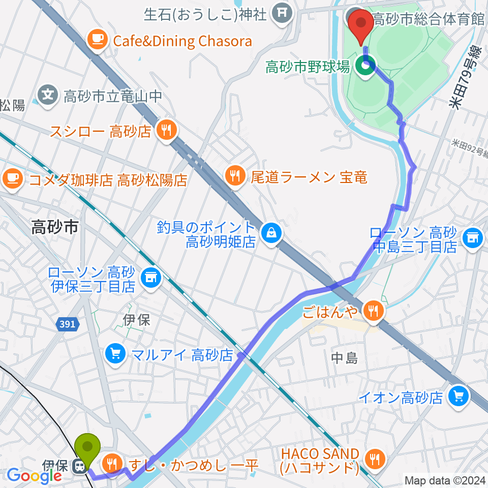 伊保駅から高砂市総合体育館へのルートマップ地図