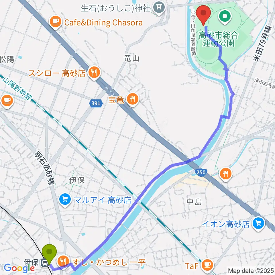 伊保駅から高砂市総合体育館へのルートマップ地図