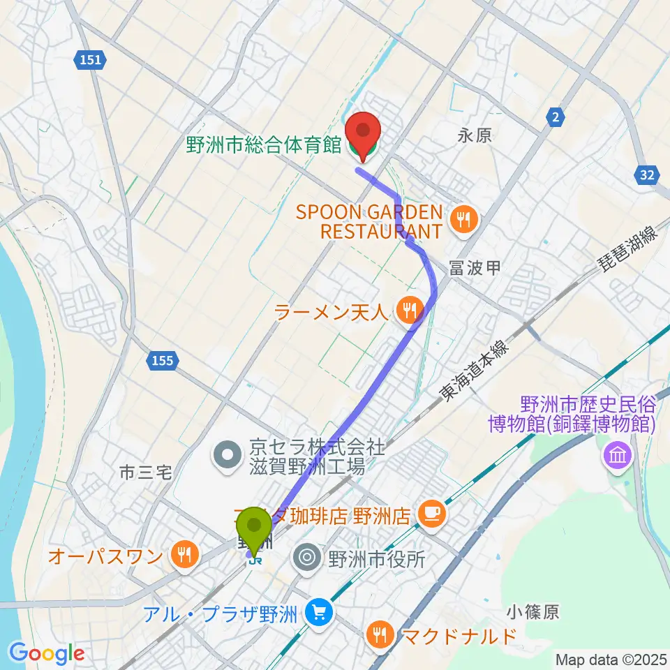 野洲市総合体育館の最寄駅野洲駅からの徒歩ルート（約38分）地図