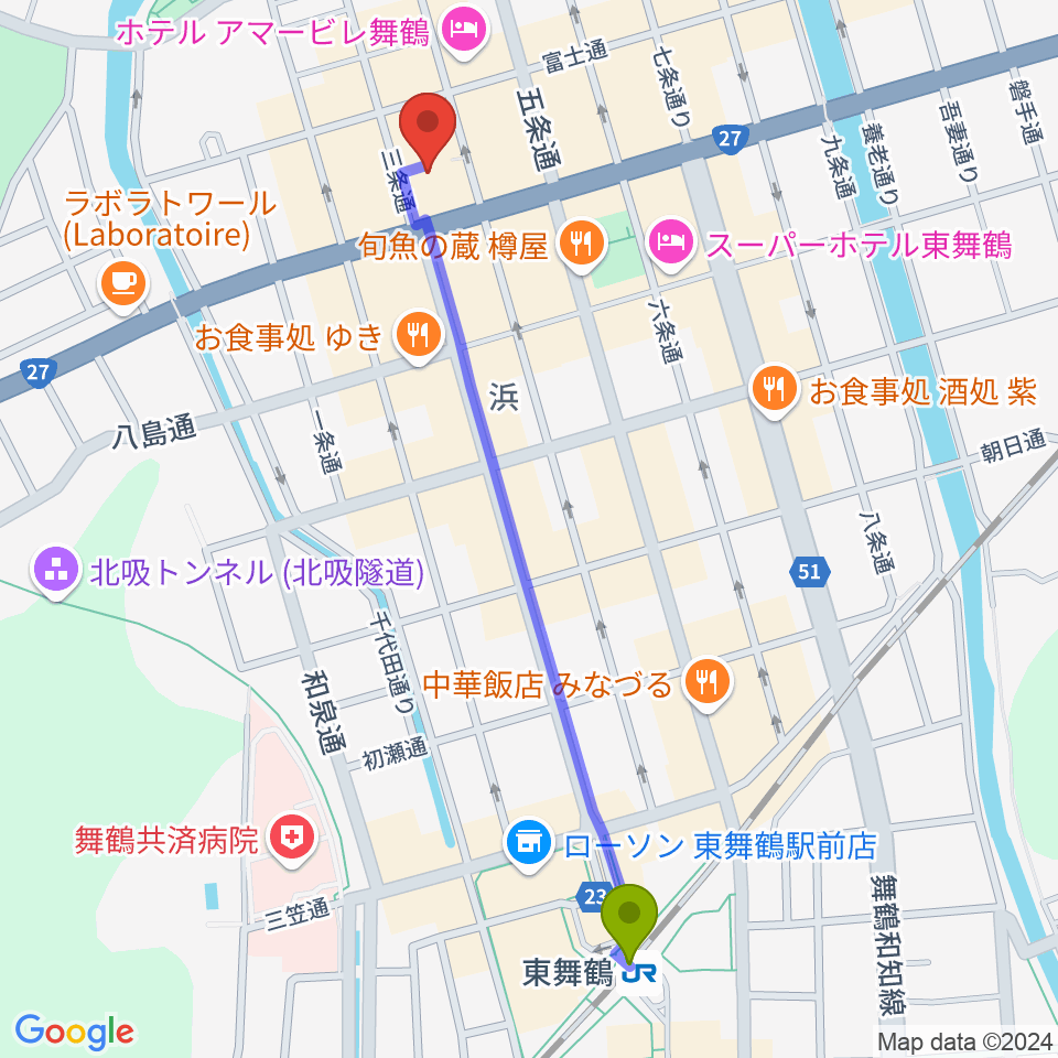 舞鶴八千代館の最寄駅東舞鶴駅からの徒歩ルート（約12分）地図