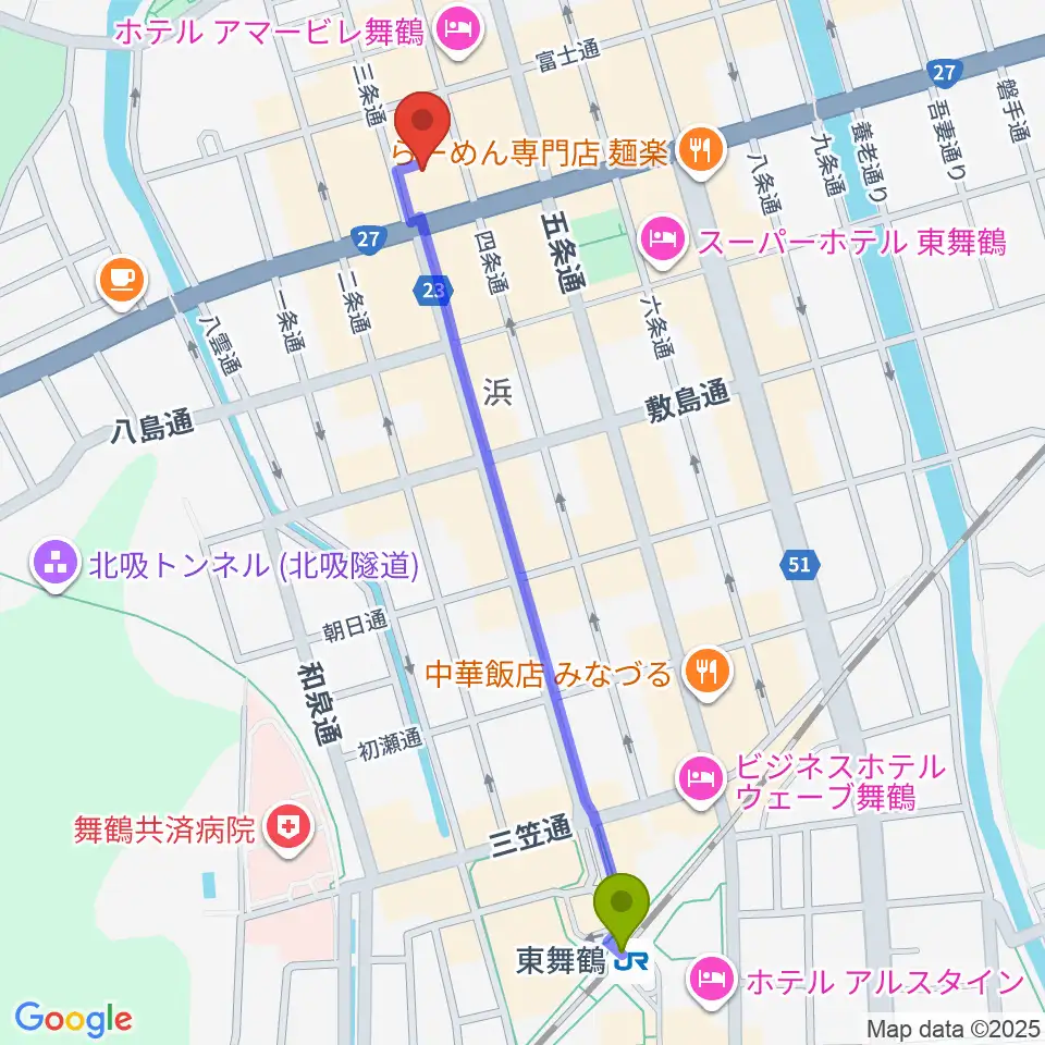 舞鶴八千代館の最寄駅東舞鶴駅からの徒歩ルート（約12分）地図