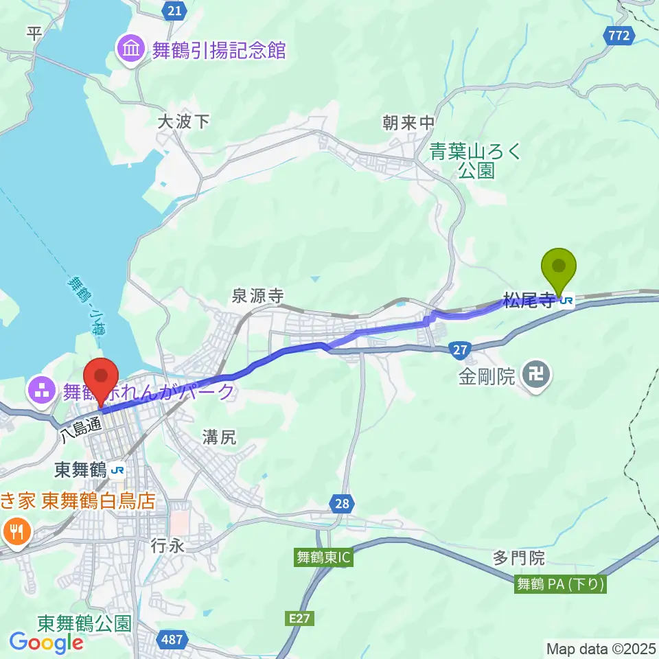 松尾寺駅から舞鶴八千代館へのルートマップ地図