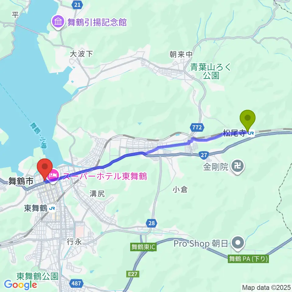 松尾寺駅から舞鶴八千代館へのルートマップ地図