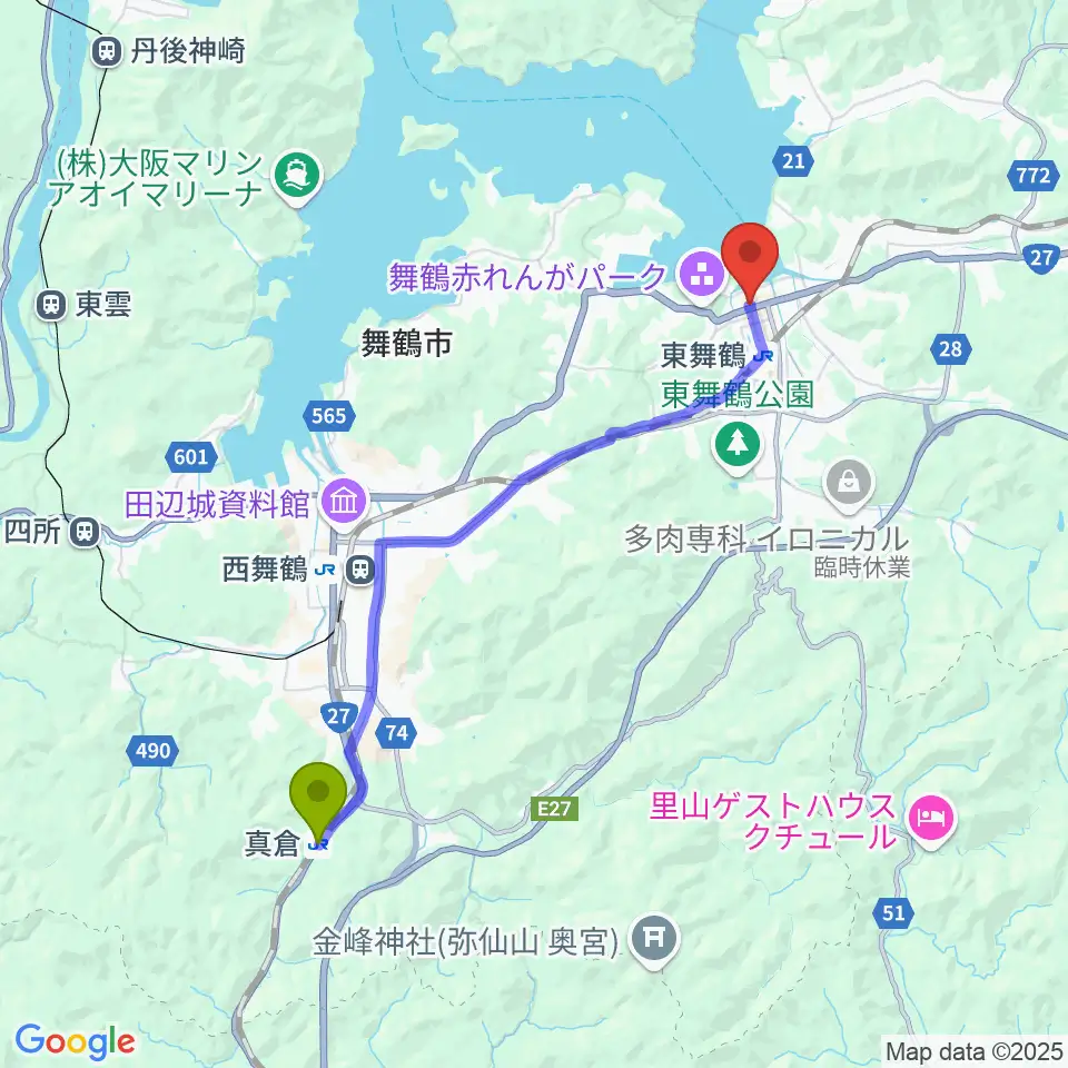 真倉駅から舞鶴八千代館へのルートマップ地図