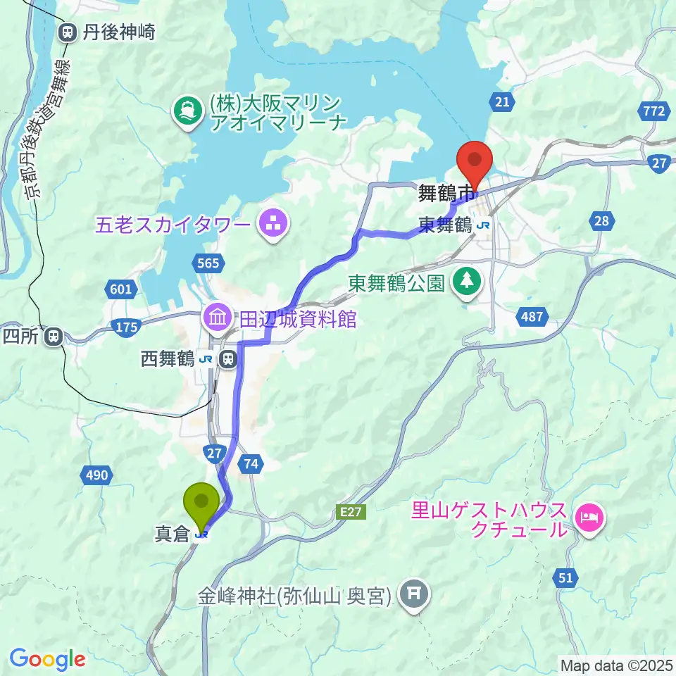 真倉駅から舞鶴八千代館へのルートマップ地図