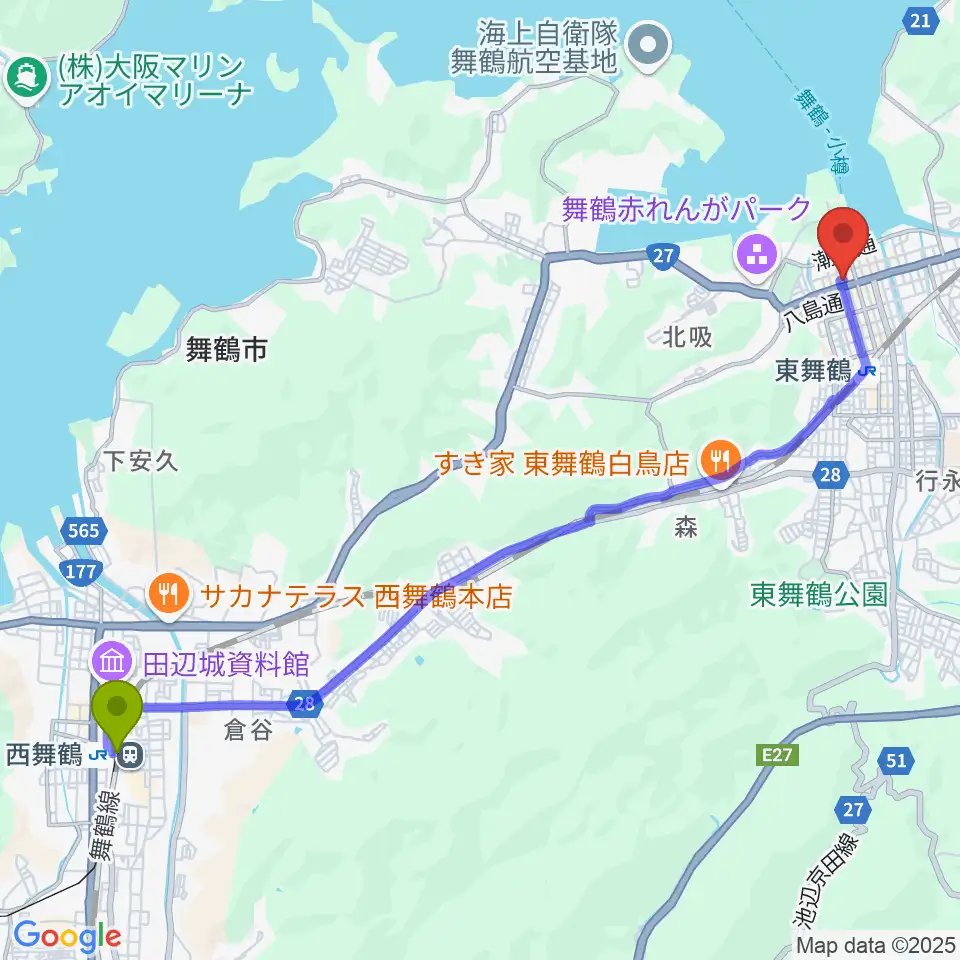 西舞鶴駅から舞鶴八千代館へのルートマップ地図