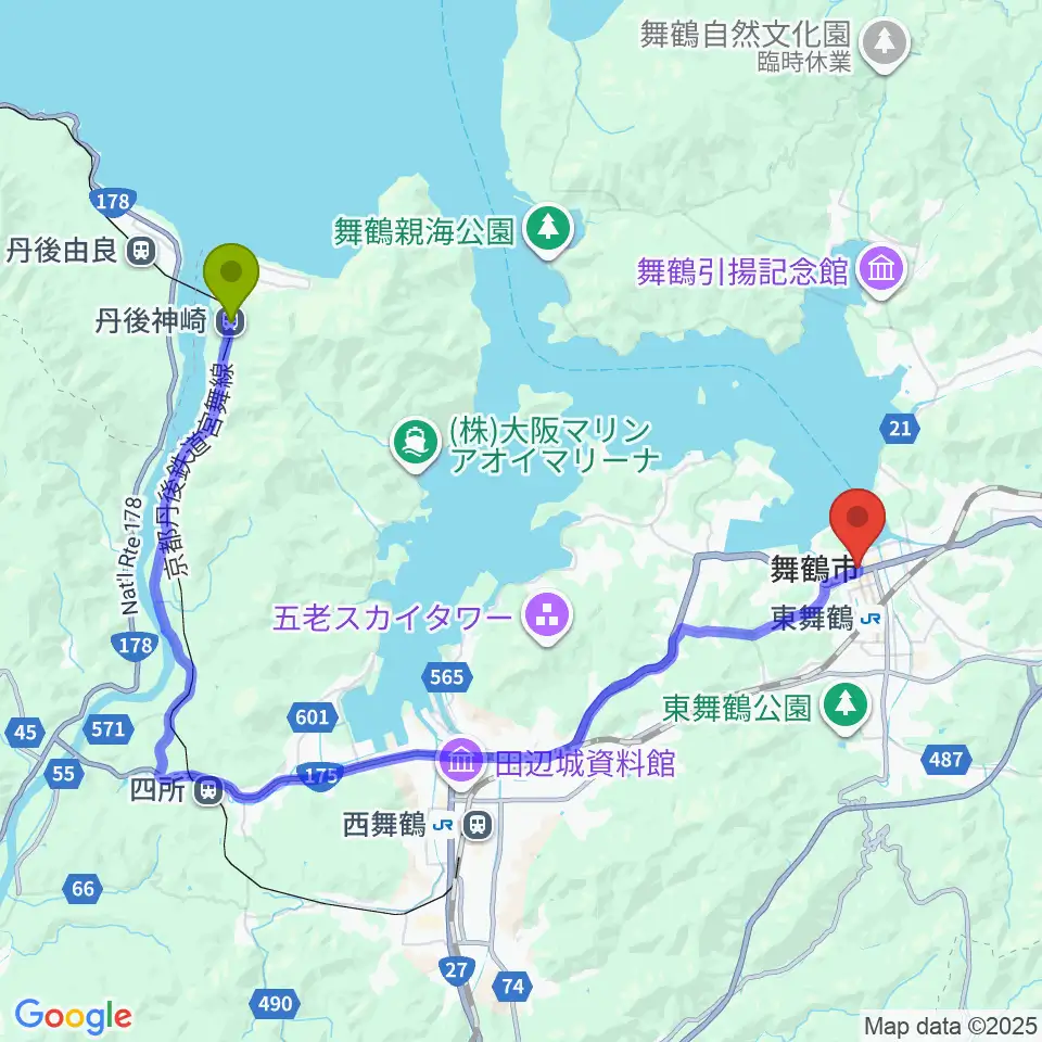 丹後神崎駅から舞鶴八千代館へのルートマップ地図