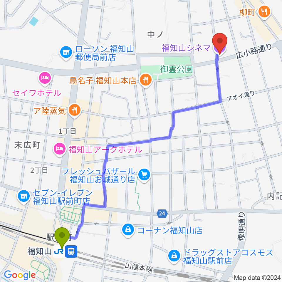 福知山シネマの最寄駅福知山駅からの徒歩ルート（約14分）地図