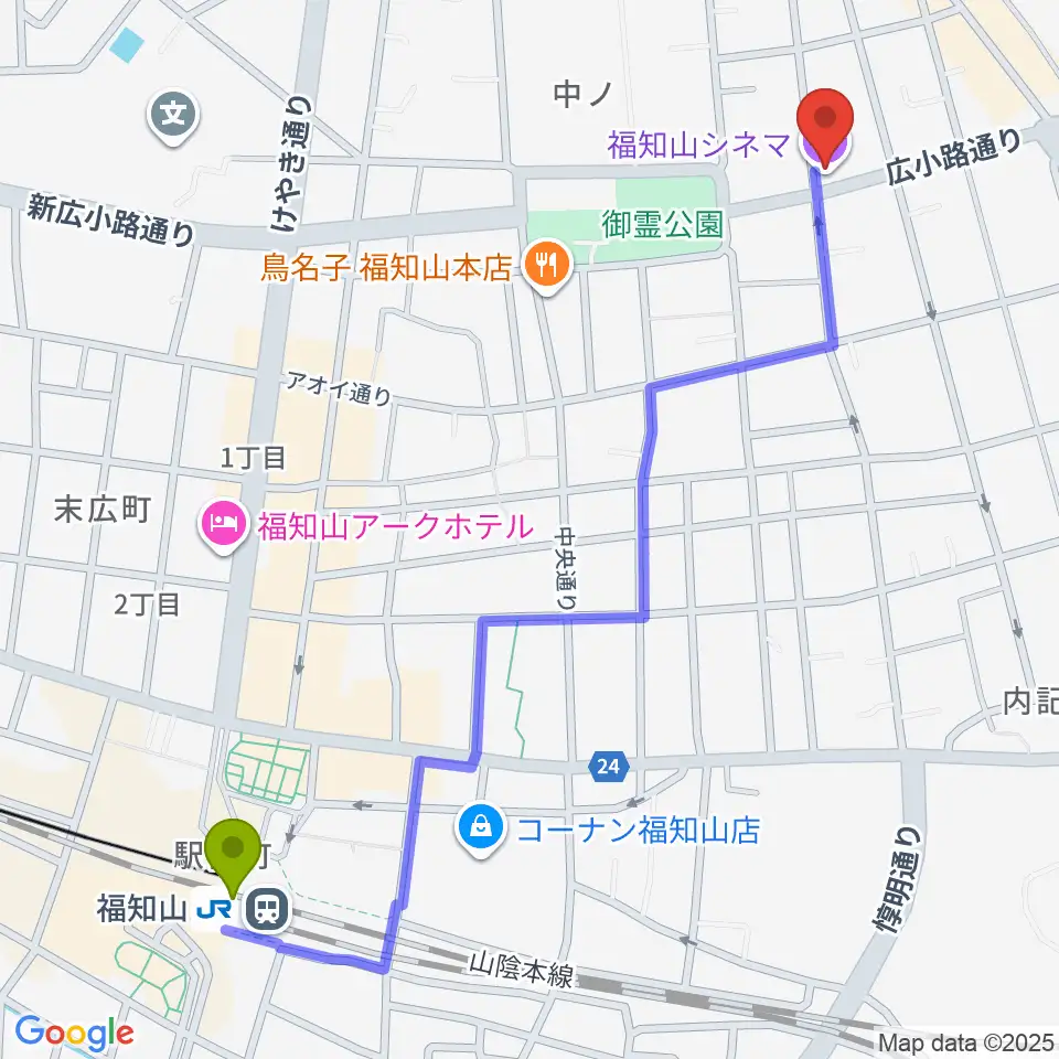 福知山シネマの最寄駅福知山駅からの徒歩ルート（約14分）地図