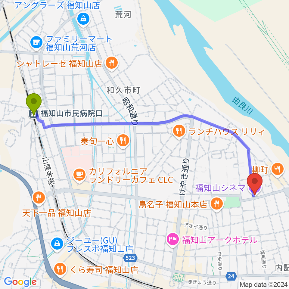 福知山市民病院口駅から福知山シネマへのルートマップ地図