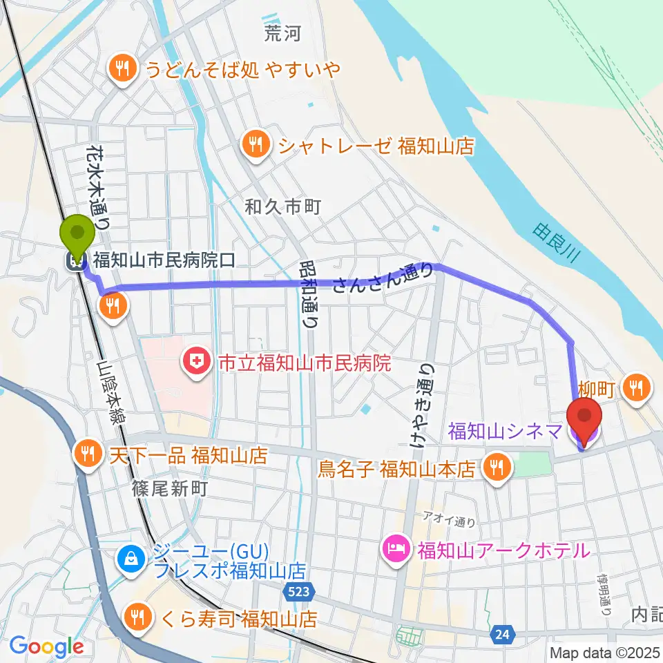 福知山市民病院口駅から福知山シネマへのルートマップ地図