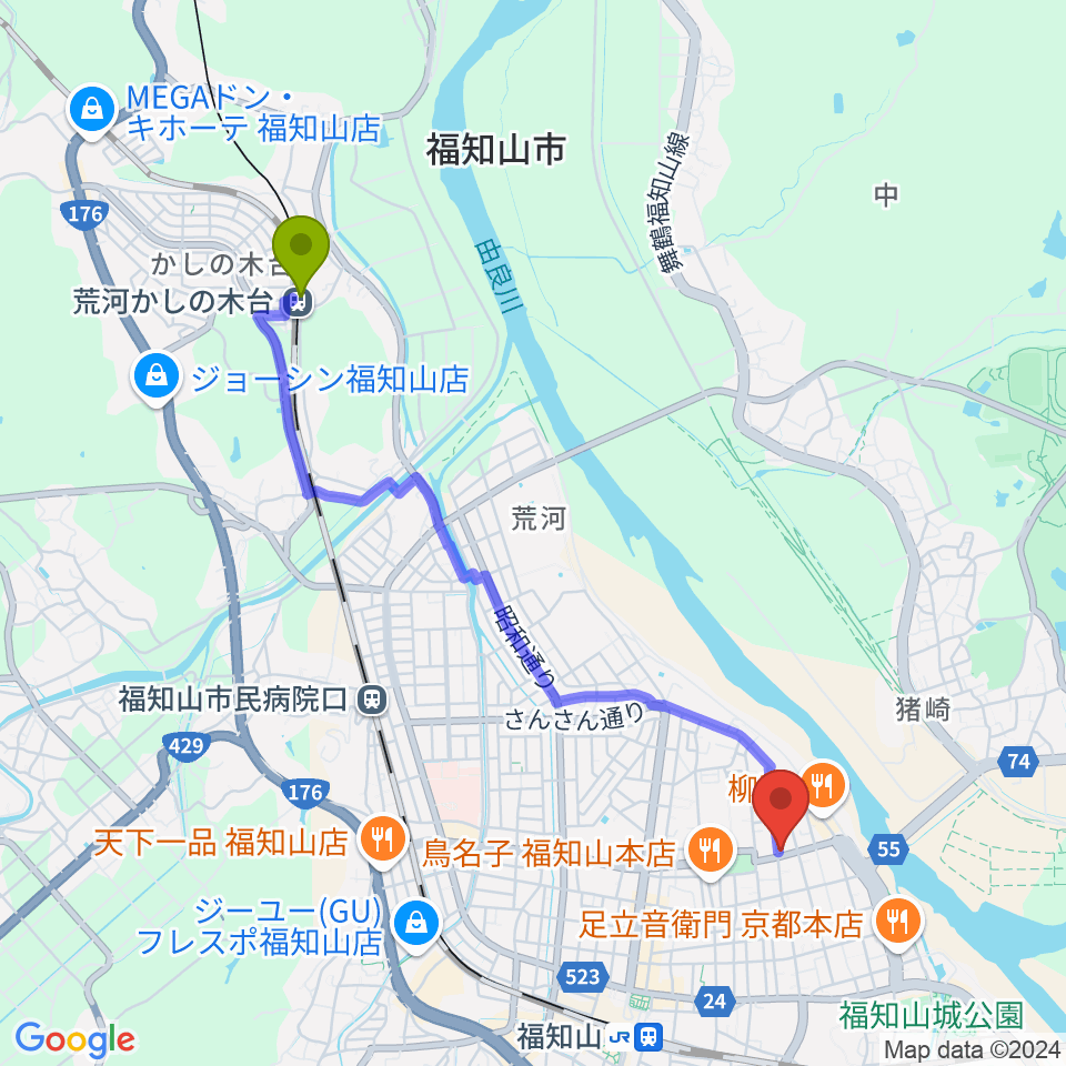 荒河かしの木台駅から福知山シネマへのルートマップ地図