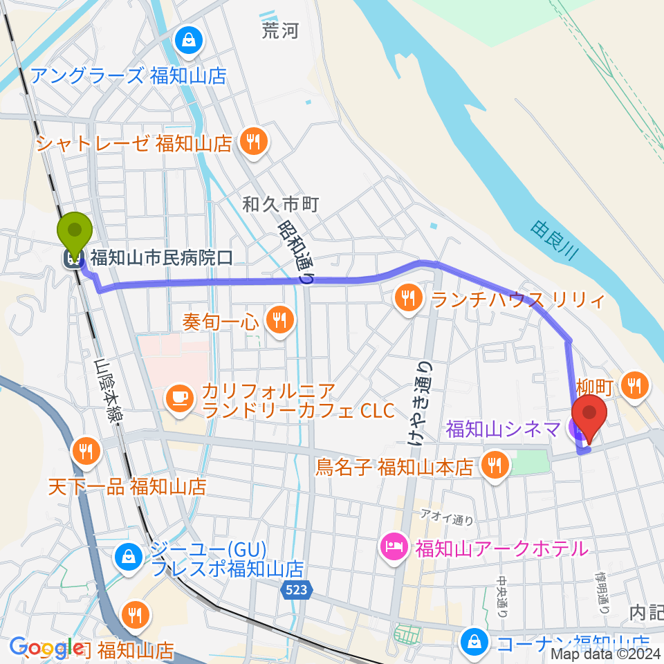 福知山市民病院口駅から福知山まちのばへのルートマップ地図