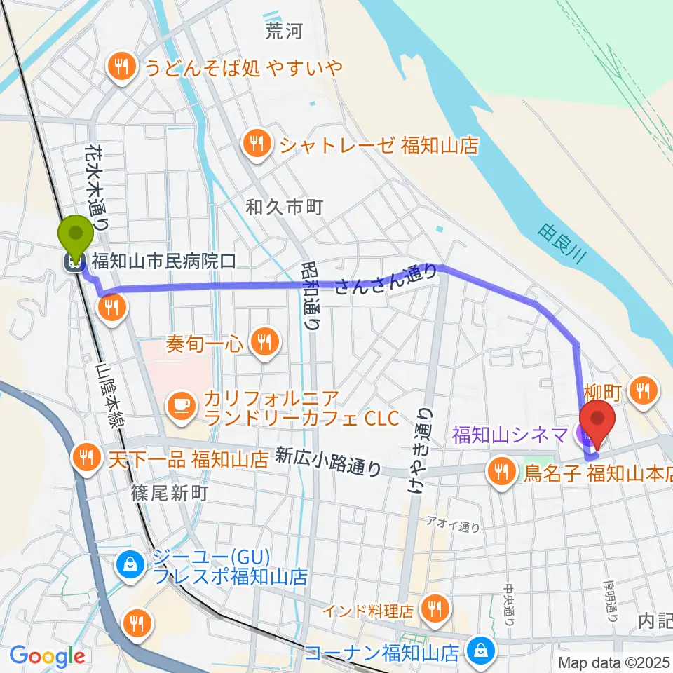 福知山市民病院口駅から福知山まちのばへのルートマップ地図