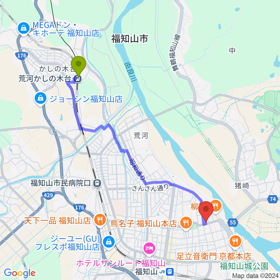 荒河かしの木台駅から福知山まちのばへのルートマップ地図