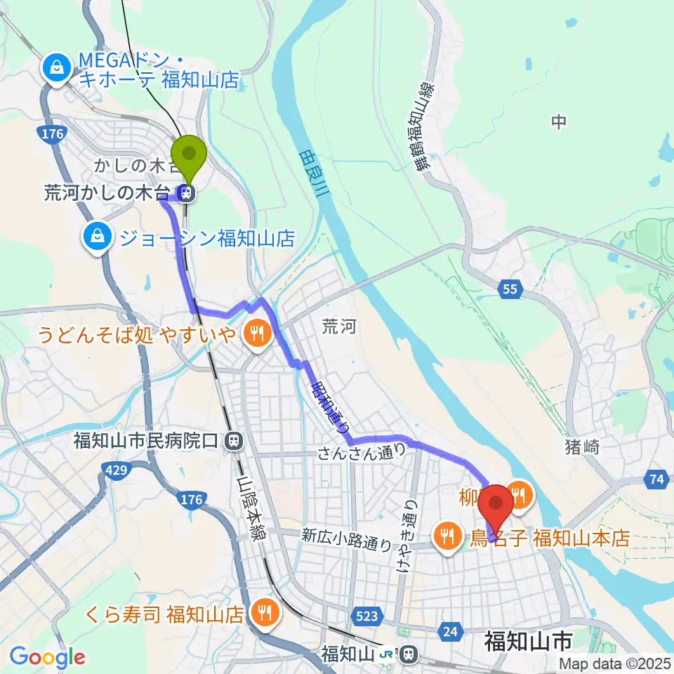 荒河かしの木台駅から福知山まちのばへのルートマップ地図