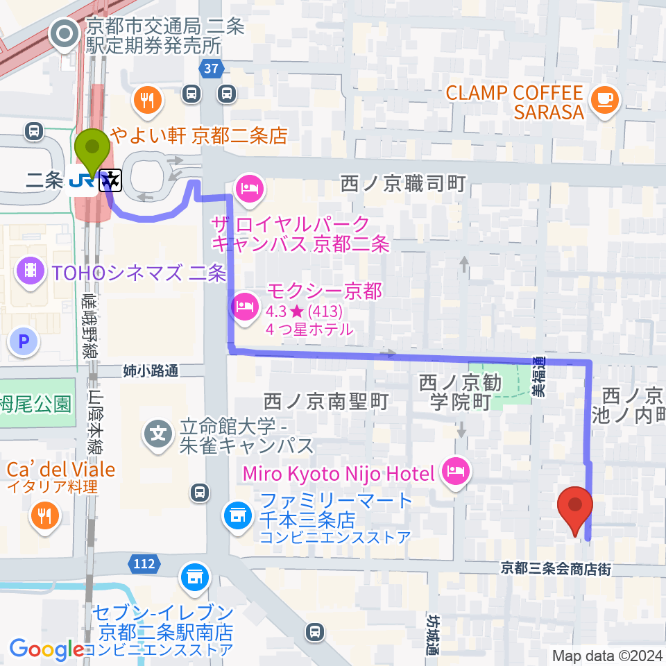 森ピアノ教室の最寄駅二条駅からの徒歩ルート（約7分）地図