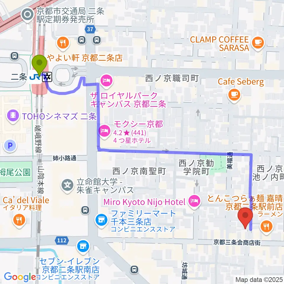 森ピアノ教室の最寄駅二条駅からの徒歩ルート（約7分）地図